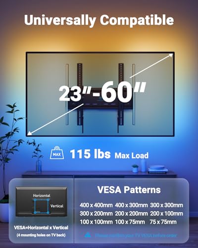 PERLESMITH Tilt TV Wall Mount with LED Light, TV Mount for 26–60 Inch TVs up to 115 lbs, Low Profile Backlit TV Bracket with Music Sync, Fits 8″/16″ Wood Studs, Max VESA 400x400mm, PSTVM74B - size: 23-60" Tilt TV Wall Mount with LED