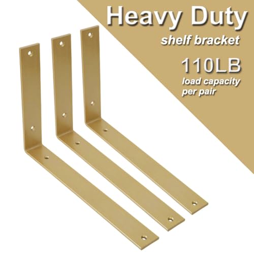 Shelf Brackets 12 Inch Wall L Brackets 4PCS Heavy Duty for Shelves Metal Gold Rustic Industrial Brackets for DIY Opening Shelves Project Hardware Included - size: 12 Inch, style: Gold-4 Pack