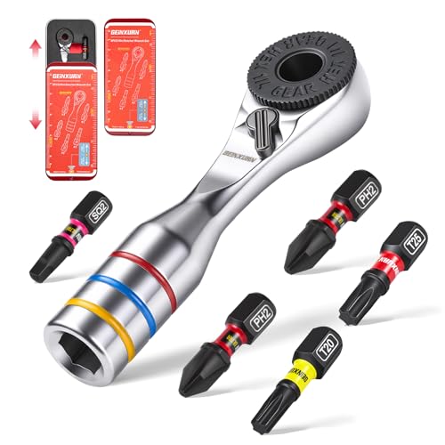 GEINXURN Mini Ratchet Wrench Set, 72 Teeth 1/4" Ratchet Wrench for Tight Spaces with Screwdriver Bit (PH2, SQ2, T20, T25) Stored in a Push-Pull Tin Case, Ideal for Repair and DIY Projects - size: 06
