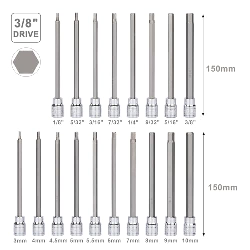 Mayouko 3/8" Drive Extra Long Allen Hex Bit Socket Set, S2&CR-V, Metreic&SAE, 18 Pieces, 1/8" - 3/8", 3-10 mm - style: Hex(SAE&Metric)