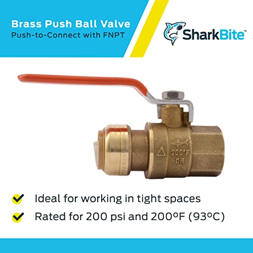 SharkBite 3/4 x 3/4 Inch Ball Valve with FNPT Connector, Push to Connect Brass Plumbing Fitting, PEX Pipe, Copper, CPVC, PE-RT, HDPE, 22186-0000LF - size: 3/4 in. x 3/4 in., style: SharkBite