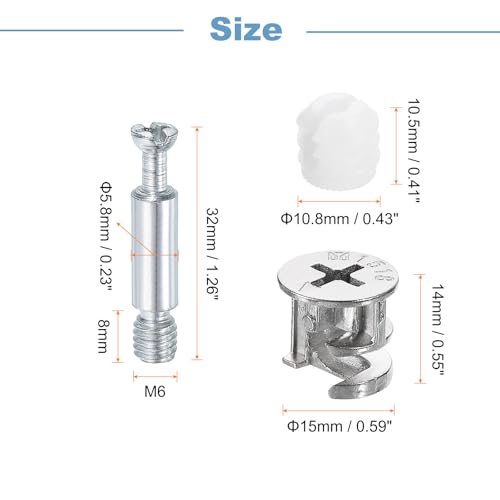 uxcell 10Set 15x14mm Furniture Cam Lock Fitting with 5.8x32mm Dowel Fasteners, 3-in-1 Metal Furniture Board Connecting Screws Bolts Assortment Kit for Cabinets Chairs Drawer - size: 5.8 x 32mm