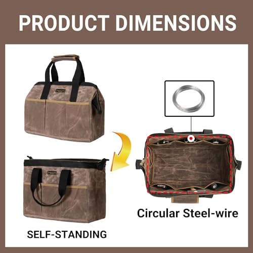 Tool Bag, 15-inch Heavy Duty 16oz Waxed Canvas Wide Mouth Water-Resistant Tool Bag, Tool Tote with Handle for Tools, Wrenches, Screwdrivers (15 X 7.8 X 11.5 inch) | Grey - color: Grey, size: 15 Inch
