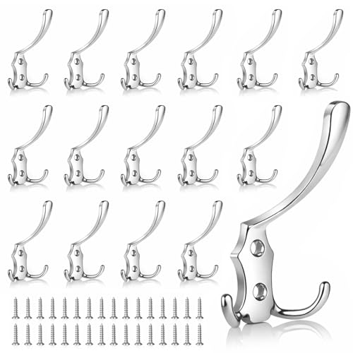 16 Pack Large Coat Hooks, Heavy Duty Three Prong Silver Metal Wall Hooks - color: Silver, size: 16PCS