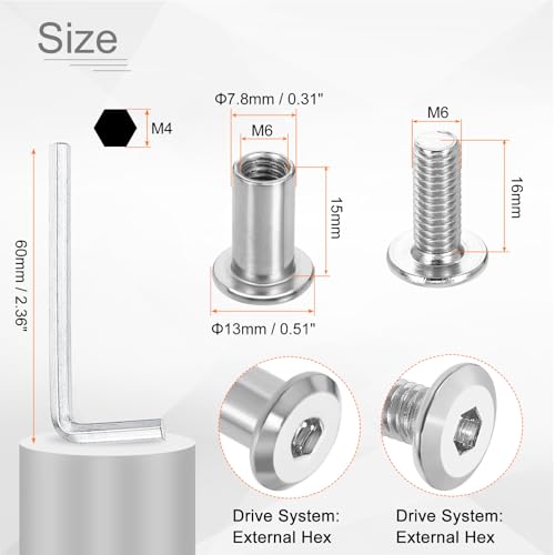 HARFINGTON 10 Set M6x16mm Hex Drive Socket Cap Bolt and M6x15mm Nuts with M4 Hex Wrench, Furniture Connector Bolts and Screws for Furniture Countersunk Belt, Silver - size: M6x16mm, M6x15mm