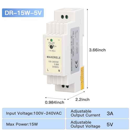 MAKERELE 15W 5V DR AC to DC Slim DIN Rail Power Supply - style: 15W-5V