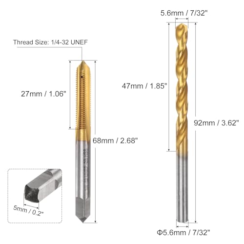 uxcell Tap & Drill Bit Set, 1/4-32 UNEF Straight Flute Thread Tap and 7/32" (5.6mm) Twist Drill Bit, Titanium Coated M2 High Speed Steel Thread Repair Tapping Tools - size: 1/4-32 UNEF + 7/32" (5.6mm)