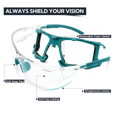 UKNOW Safety Glasses - Anti Fog Wraparound Lenses - Removable Foam Gasket - ANSI Z87.1 Protective Eyewear - Impact Resistant - color: Teal