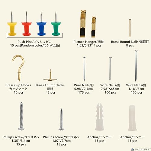 521 Pcs Picture Hanging Kit Including Drywall Anchors and Screws, Wire Hanging Nails and Screws Assortment Kit for Wall Art Hanging Kit, Picture Hangers, Cup Hooks, Push Pins - style: 521 Pcs Picture Hanging Kit