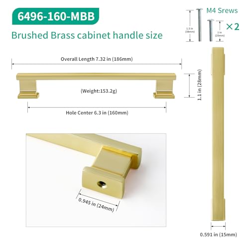 Brushed Brass Kitchen Square Cabinet Handles 6.25 Inch 10 Pack - color: Brushed Brass, size: 6.25"/160MM Hole Center
