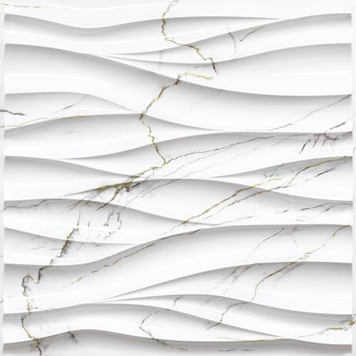 STICKGOO Wave 3D Wall Panels, White Marble, 19.7" x 19.7" - color: White Marble Mixed Gold Thread