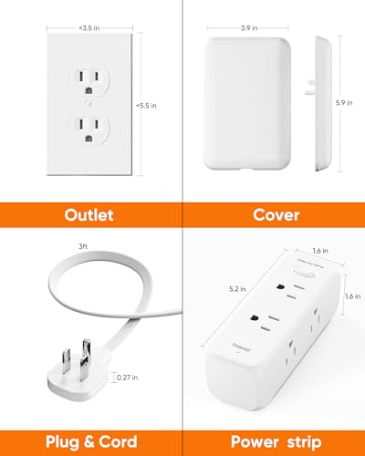 Olcorife Flat Extension Cord with Outlet Cover, Flat Plug Power Strip with 6 Outlets, 3 FT Cord Hidden Outlet Extender for Tight Spaces - size: 3 FT, style: 6AC(No USB)