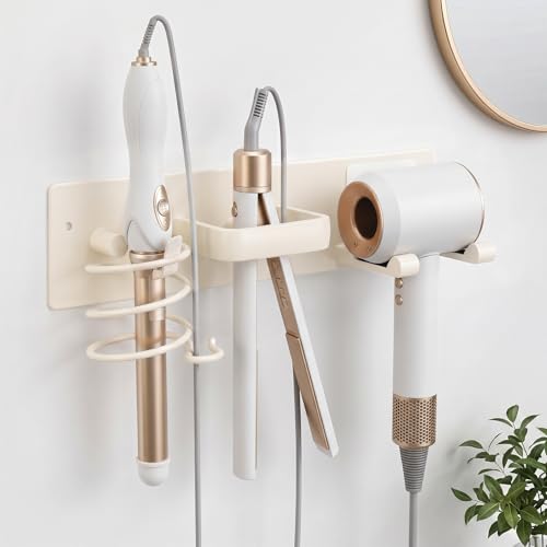 Hair Dryer Holder Wall Mount No Drill, 3 in 1 Curling Iron Holder & Flat Iron Holder, Heat Resistant Bathroom Hair Tool Organizer, White - style: Hook style