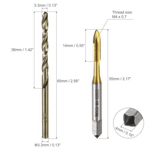 uxcell Metric Tap & Drill Bit Set, 2pcs M4 x 0.7 Spiral Point Thread Taps Titanium Coated and 2pcs 3.3mm Twist Drill Bits Roasted Yellow, Screw Tapping Threading Tools - size: M4 x 0.7 + 3.3mm