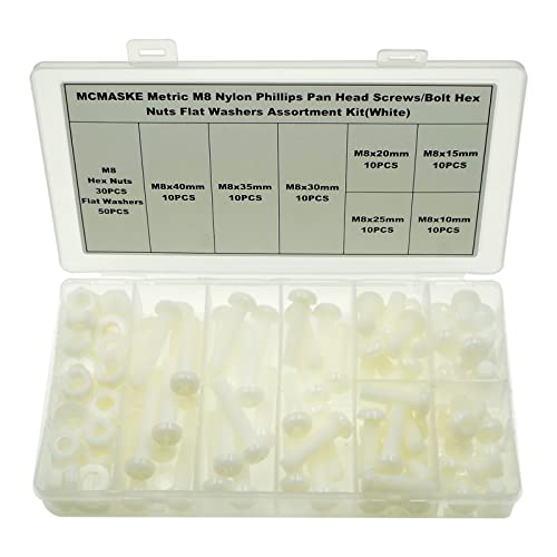 Metric M8 Phillips Pan Head Nylon Screws Nuts Flat Washers Assortment Kit, Screws Length:10mm to 40mm(White) - size: M8