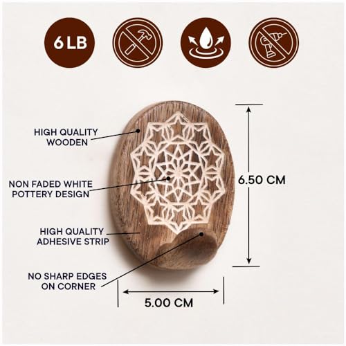 Indian Shelf 6 Wooden Adhesive Wall Hooks for Keys, Bags, Hats - color: Brown Style 3