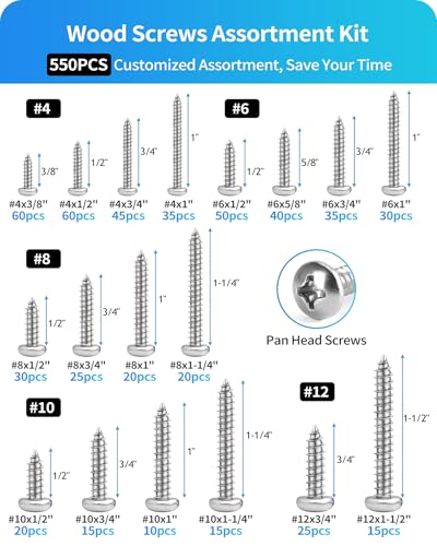 550Pcs 304 Stainless Steel Wood Screws Assortment Kit, Phillips Pan Head Sheet Metal Screw Self Tapping Screws Set, #4#6#8#10#12 Wood Assorted Screws, Length 1/4" to 1-1/2" (Pan Head 550PCS) - style: Pan Head 550PCS