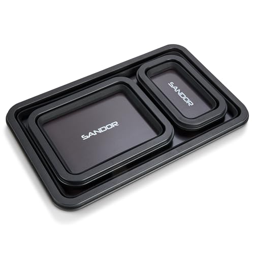 Collapsible Magnetic Parts Tray Set - 3 Different Size Tool Trays - Black - color: Black
