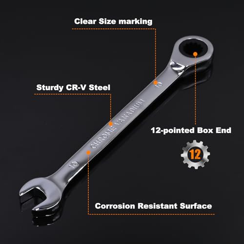 Egofine Ratcheting Wrench Set, 6 mm - 24 mm Metric Wrench Set 18pc, 72 Teeth Combination Wrenches Set, Chrome Vanadium Steel with a Roll Up Storage Bag - size: Metric-18 piece set