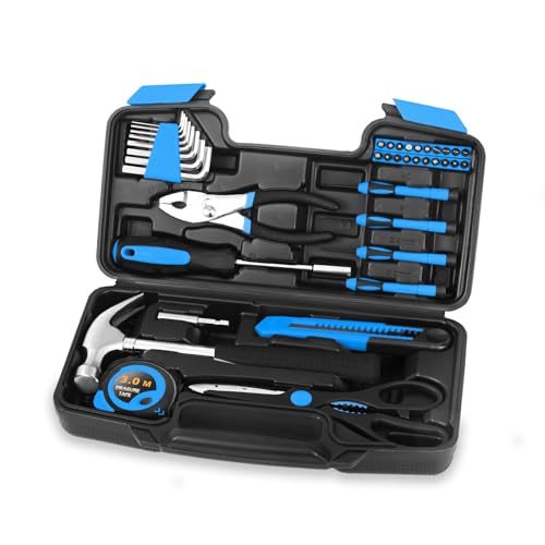 HANGYING 39-Piece Basic Household Tool Set with Toolbox Storage Case, Blue - color: Blue