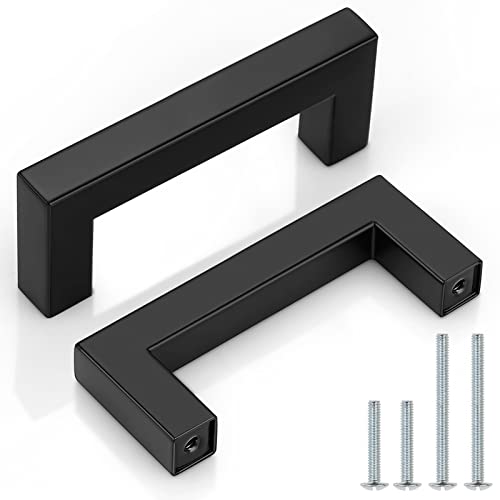 Probrico (10 Pack Matte Black Cabinet Pulls 3 Inch Hole Center Kitchen Cabinet Hardware Square Cabinet Pulls Stainless Steel Modern Drawer Handles - color: Black, size: hole center 3"