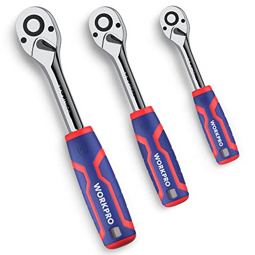 WORKPRO 3-Piece Ratchet Set, 1/4", 3/8", 1/2" Drive Ratchet Wrench - size: 3-Piece Set: 1/4", 3/8", 1/2"
