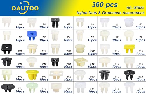 360pcs Nylon Grommet Nut Assortment for Automotive Body Bumper Fender Liner Grille Headlamp License Plate Door Panel Trim Nuts