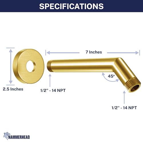 HammerHead® Solid Metal Shower Arm and Flange - 7.5 Inch 304 Stainless Steel Extension Pipe - Universal Shower Head Arm with Flange and Locking Screw, Brushed Gold - color: Brushed Gold