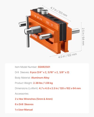 VEVOR Doweling Jig Kit, Self Centering Dowel Drill Jig for Straight Holes, Aluminum Alloy Woodworking Tools with 6 Drill Guide Bushings, Adjustable Width, for Wood Working, Drilling and Marking - size: Pro, style: Doweling Jig