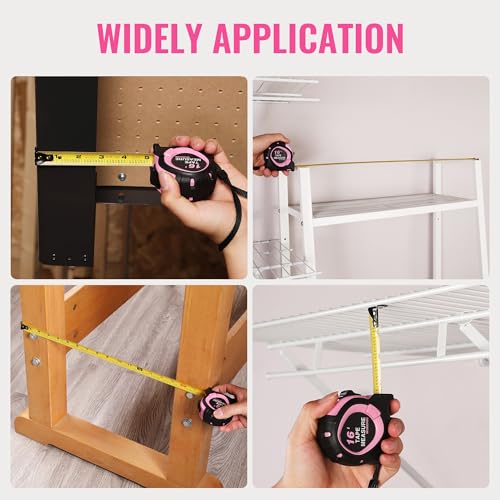 WORKPRO 16-FT Tape Measure with Fractions, 3 Brakes Retractable Measuring Tape, Compact Measurement Tape with Magnetic Hook, Nylon Coating Blade Accuracy 1/32”, Pink - size: 16-FT