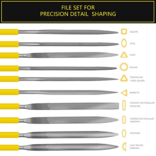 Needle File Set, 10 Pieces Hand Metal Files | Hardened Alloy Strength Steel Set Includes Flat, Round, Half-Round, Triangular, Square, Oval, Crossing, and Barrette File - color: Yellow-10pcs