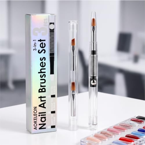 Nail Art Brushes Set, 3-in-1 Clean Up Brushes with Angled/Flat/Round Tips, French Tip Brush, Gel Polish Liner Brush, Nail Art Tools for Design Painting DIY