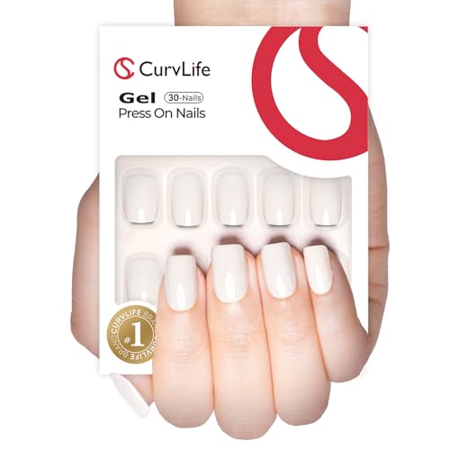 Curvlife 30 Pcs Press on Nails Acrylic Fake Nails with Design Full Cover False Nails for Women Reusable Nail Kit with Nail Glue Adhesive Tabs Nail File (Ceramic White, 30pcs) - color: Ceramic White