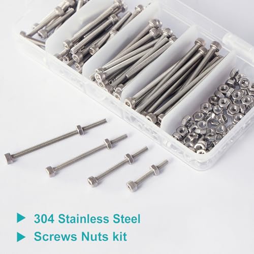 M3 x 20mm 30mm 40mm 50mm Hex Socket Head Cap Screws Bolts and Nuts, Stainless Steel 304, Bright Finish, Metric Allen Drive, Fully Thread, Assortment Kit 160PCS - size: Socket M3x20-50mm+Nuts