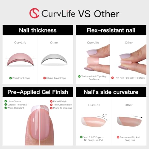 CurvLife Long Almond Press On Nails, Pink Aura, Soft Gel - color: Pink Aura