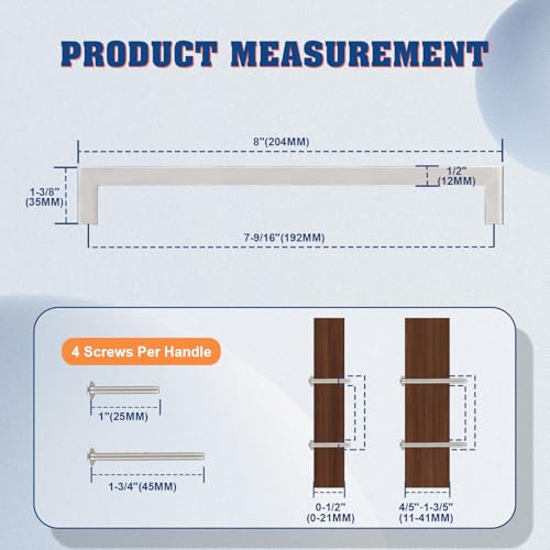 KNOBWELL 6 Pack 7-9/16" Square Kitchen Cabinet Pulls Brushed Nickel, Dresser Drawer Pulls Satin Stainless Steel T Bar Bathroom Vanity Handles 8 Inch Length - color: Brushed Nickel, size: Hole Center:7-9/16 inch(192mm)