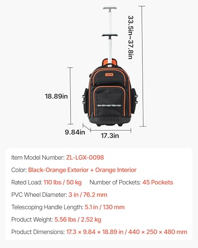 VEVOR Rolling Tool Backpack, 110 lbs Load Capacity, 45 Pockets Heavy Duty Roller Tool Bag on Wheels, Adjustable Telescoping Handle & Stable Base, Toolbag Organizers for Construction, Mechanic - style: Tool Backpack