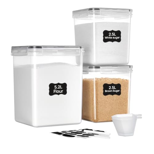 Vtopmart 3 PCS Flour and Sugar Storage Container Sets for Beginner Bakers | BPA Free, Airtight Seal, Dishwasher Safe (Not Lids), 5.2L for 5 lb Flour, 2.5L for 3 lb Sugar, with Label, Scoop - size: 3 Pack