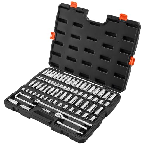 VEVOR Socket Set, 76 Pieces, 3/8 inch Drive Socket and Ratchet Set, SAE and Metric, Deep and Shallow, Mechanic Tool Kit with Accessories and Storage Case, CR-V Alloy Steel, for Automotive Repair - size: 76-PCS
