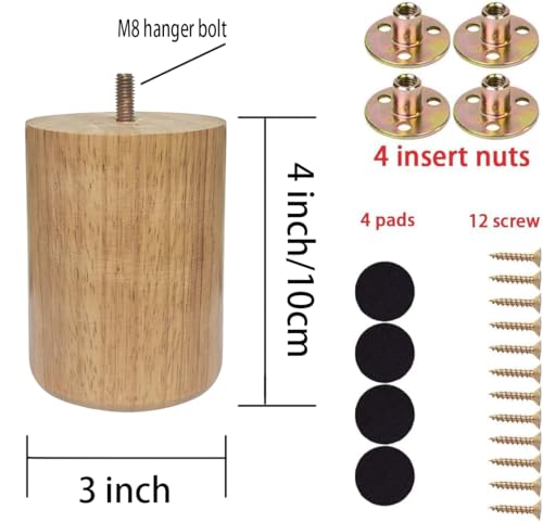 Wood Furniture Legs 4 inch Big Wooden Sofa Cabinet Couch Loveseat Feet Cylinder Style Furniture Legs for Sofa Bed DIY Replacement Feet Set of 4 (4 Inch) - size: 4 Inch