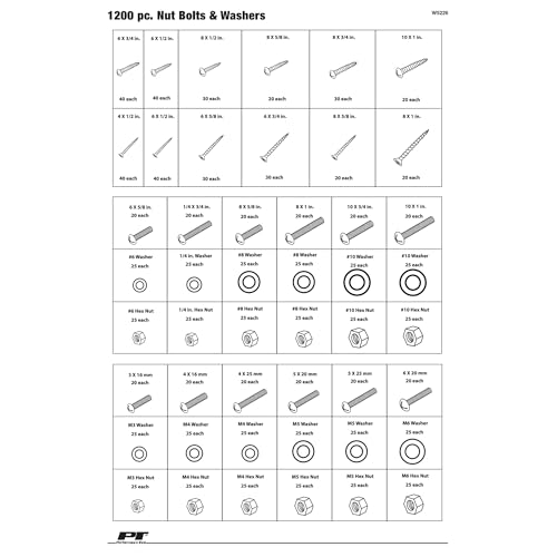 Performance Tool W5226 1200-Piece SAE/Metric Nut and Bolt Assortment Kit