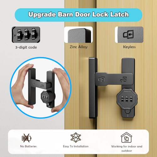 Barn Door Lock,Flip Latch Lock with Combination,90/180 Degree Sliding Door Latch,Cabinet 3-Digit Password Keyless,Gate Latches Bolt for Gate Barn Door Garage Shed Window(Black) (180 degree barn latch)