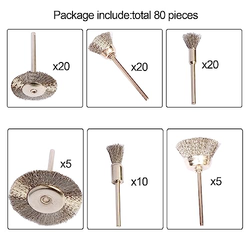 80 Pcs Rotary Tool Wire Brushes Set,Stainless Steel Wire Wheels Pen Brush Kit Accessories for Rotary Tool,for Rust Removing Rotary Brushes for Machines