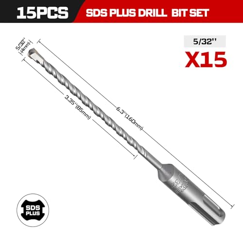 Geinxurn 5/32" x 6" SDS Plus Rotary Hammer Drill Bits, 15PCS Double Thread Masonry Drill Bits Set Carbide Tipped, Drilling in Brick, Stone and Concrete, Cement Walls - size: SDSBIT053206-15