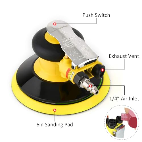 Professional Air Random Orbital Palm Sander, Dual Action Pneumatic Sander, Low Vibration, Heavy Duty … (6-inch Yellow) - color: Yellow, size: 6 inch