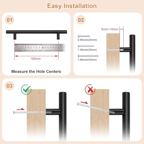 Probrico 30 Pack Hole Centers(160mm) 6.25inch Matte Black Kitchen Cabinet Handles,Stainless Steel Dresser Drawer Pulls, 8.8inch Length Pull Handle for Cabinets - size: Center to Center: 6-1/4 inch