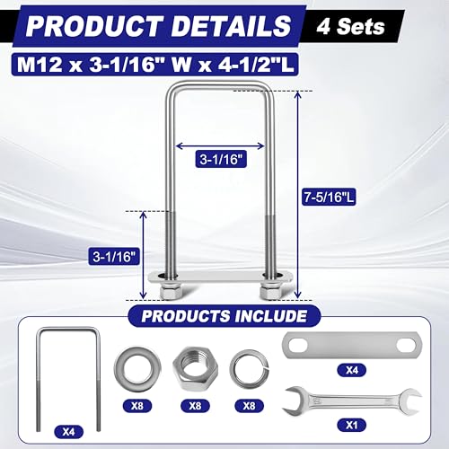 4 Sets M12 Square U Bolts 3 Inch Wide, 1/2" x 3-1/16" W x 7-5/16"L - size: M12 x 3-1/16"W x 7-5/16"L
