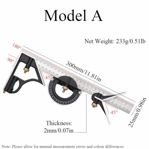 Combination Square Stainless Steel Multi-Function Carpentry Square Clear Scale Easy to Read(300m/11.81") - style: 300m/11.81"