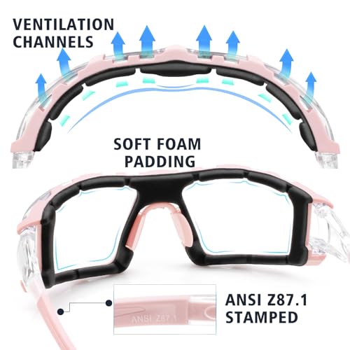 UKNOW Safety Glasses - Anti Fog Wraparound Lenses - Removable Foam Gasket - ANSI Z87.1 Protective Eyewear - Impact Resistant - color: Pink