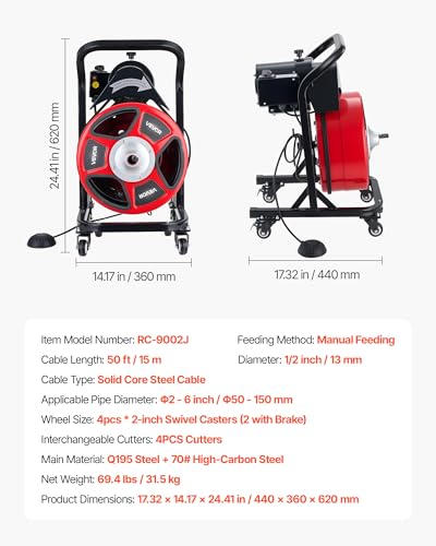 VEVOR Drain Cleaner Machine 50 FT x 1/2 Inch Manual Feed Sewer Snake Auger - style: 50 FT x 1/2'' with Wheels